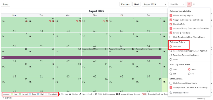Revenue management calendar showing daily pricing data and availability for comp set analysis