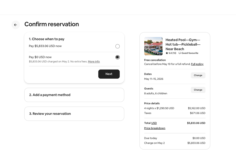 Airbnb reservation confirmation screen showing Reserve Now Pay Later with zero due today and full payment charged closer to check-in.