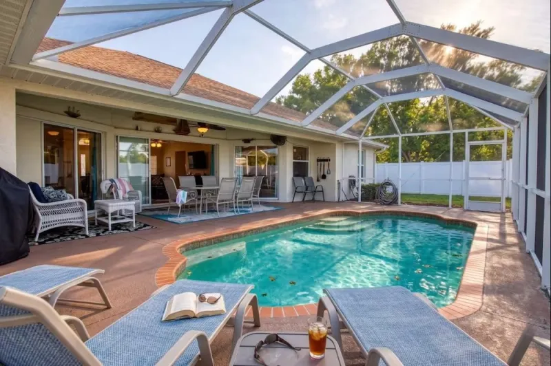 Gulfstream Villa pool deck at golden hour, Englewood FL