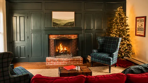 Sitting room with roaring brick fireplace