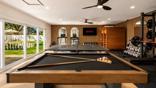 Game room with pool table and sauna