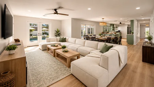 Living room with large white sectional