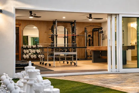 Gym opening onto the giant chess lawn
