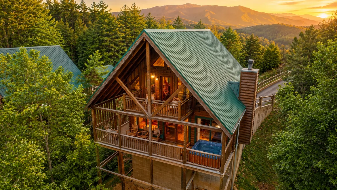Aerial of the cabin at sunset