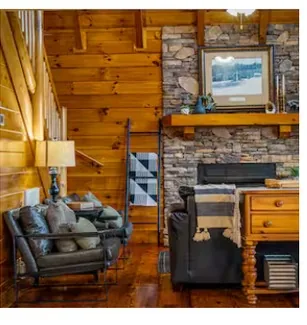 Stone fireplace and loft interior