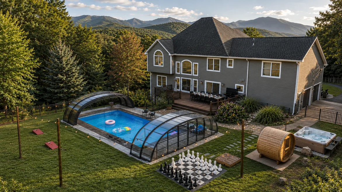 Aerial of the estate with enclosed pool, giant chess set and barrel sauna
