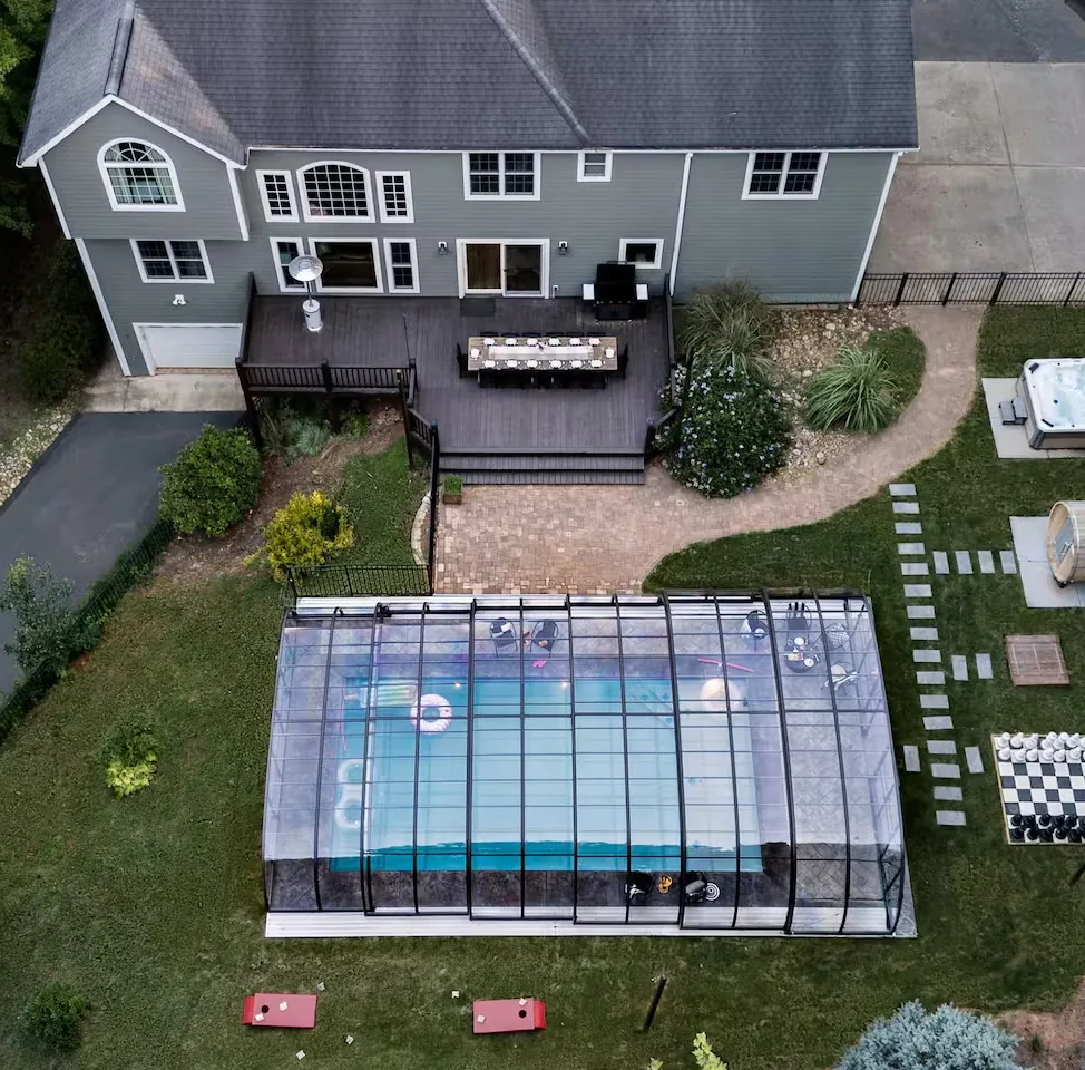 Aerial view of the estate and covered pool