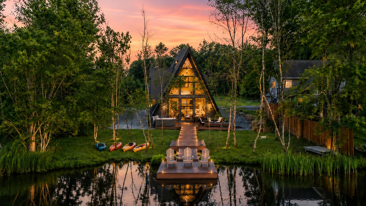 Aerial dusk view of the lakefront A-frame and dock