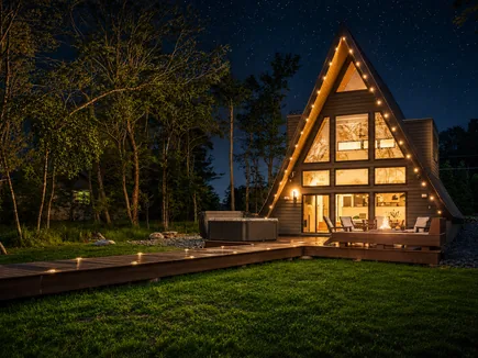 A-frame glowing at night under string lights