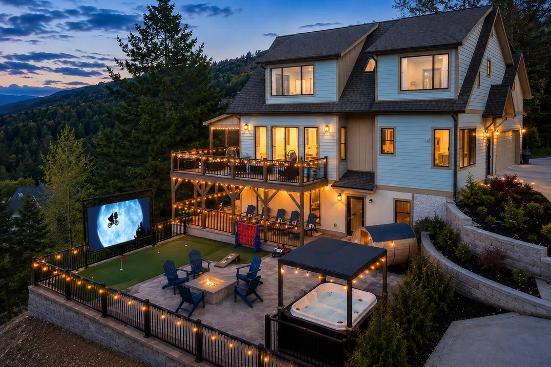 Exterior at dusk with glowing outdoor screen