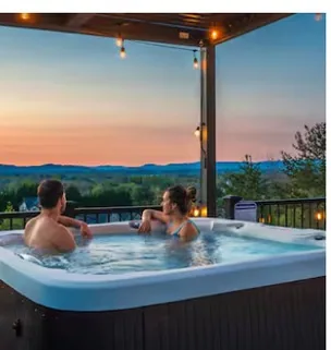 Hot tub with sunset mountain view