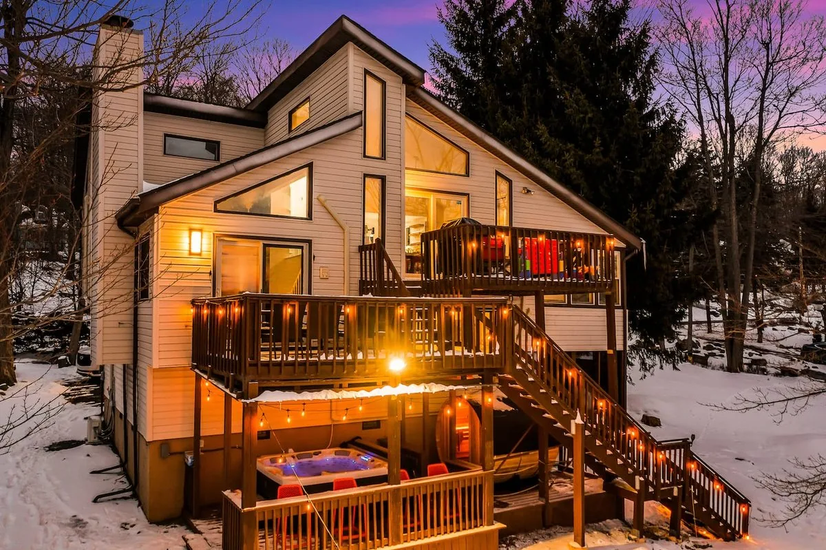 Chalet exterior on a winter evening