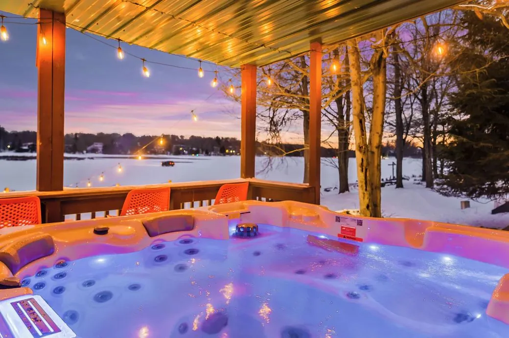Hot tub on the covered deck in winter